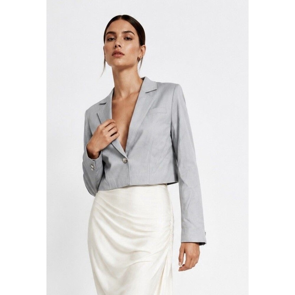 Hudson Jeans Herringbone Cropped Blazer Jacket Blue Gray Linen Blend XS Office